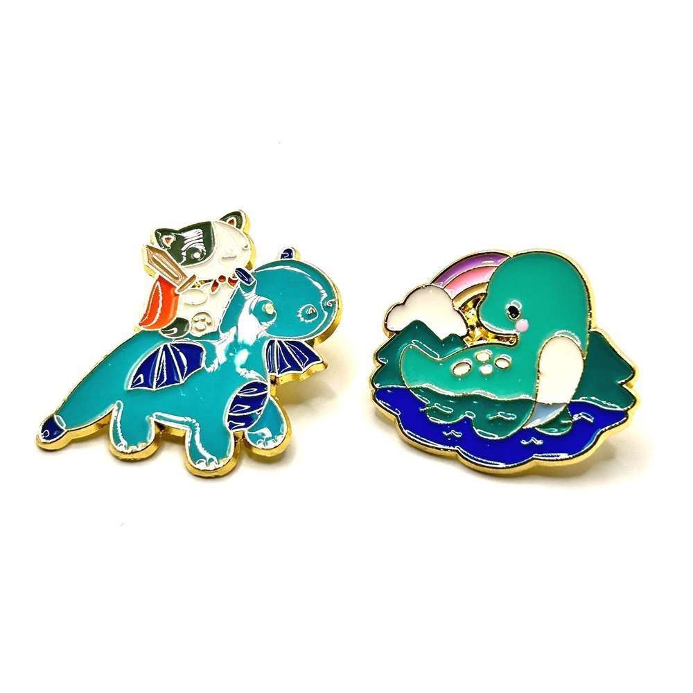 Cat Dragon & Whale Enamel Pin Set Unisex OS Teal Blue Fantasy Kawaii